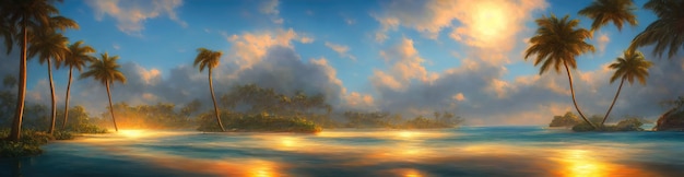 Tropisches Paradies Strand schöne magische Palmen hängen an der Küste Blauer Himmel und azurblaues Meerwasser Sonne beleuchtet den Küstenstrand und das Meer 3D-Darstellung