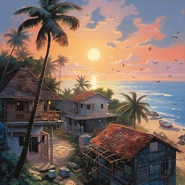 Tropisches Paradieshaus am Strand Kokosnussbäume Urlaub am Meer Blick über das Dach Blase weht