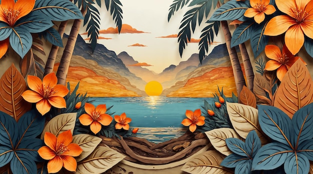 Tropisches Sonnenuntergangsparadies mit aus Papier geschnittenen Blumen und Palmen