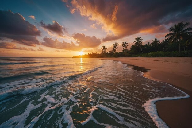 Foto tropisches strandparadies bei sonnenuntergang