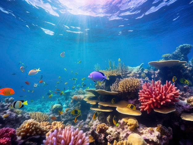 Tropisches Unterwasserleben in der hellen und farbenfrohen Korallenrifflandschaft