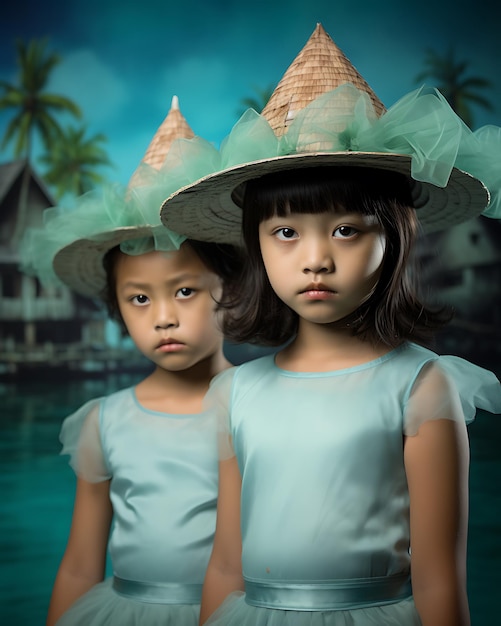 Tropisches Urlaubsporträt für zwei langsame Mädchen