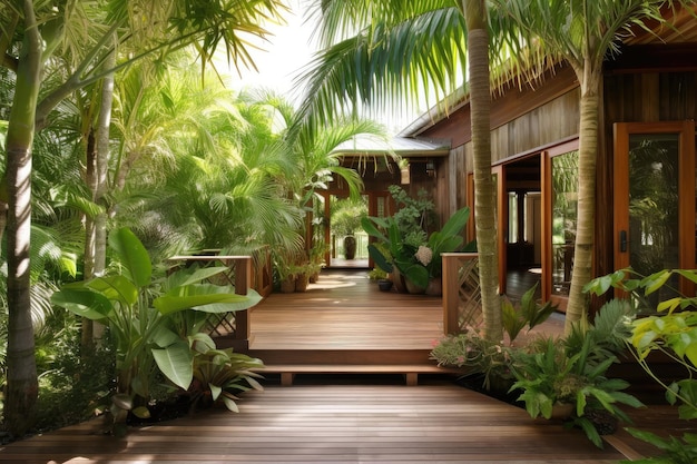 Tropisches Äußeres mit üppigem Garten und Holzterrasse, erstellt mit generativer KI
