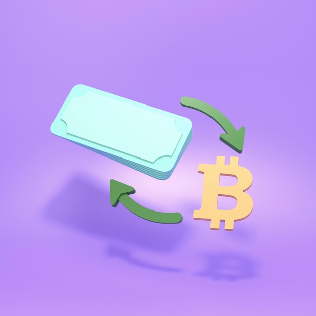 Troque dinheiro por bitcoin. Conceito de conversão de dinheiro. Ilustração 3D render.