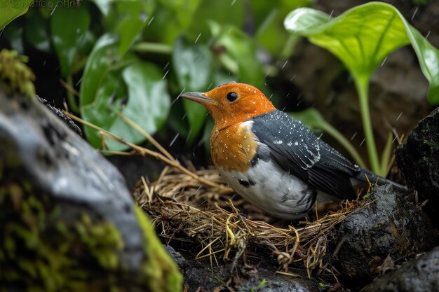 Trossos de cabeça laranja guardando o ninho e incubando ovos na chuva