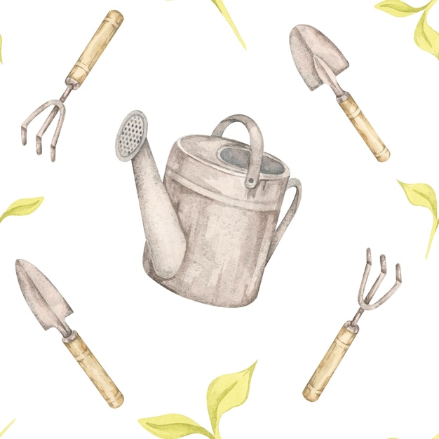 Trovelha e garfo de água em cinzas e castanhas suaves em aquarela Jardinagem clipart de padrão sem costura perfeito para etiquetas de mercadorias adesivos ecológicos