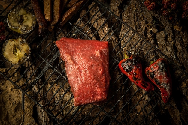 Trozo de carne cruda con verduras a la parrilla sobre un fondo de corteza de árbol