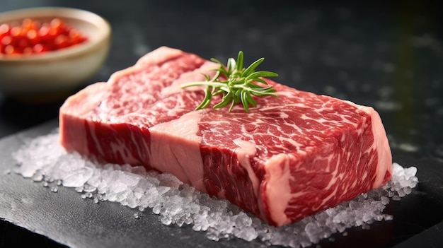 Un trozo de carne está sobre una mesa con hielo y una ramita de romero.