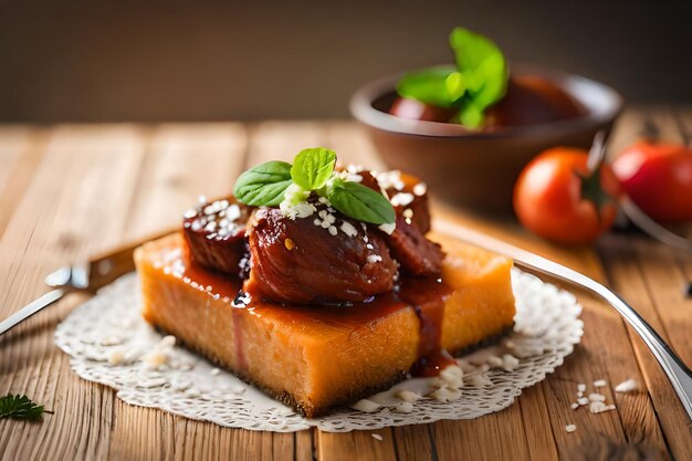 un trozo de carne con hojas de menta encima