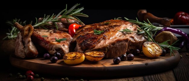 Un trozo de carne jugosa, un bistec normal con una guarnición, IA generativa.