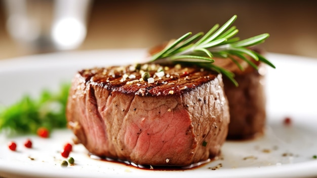 un trozo de carne con una ramita de romero en un plato blanco