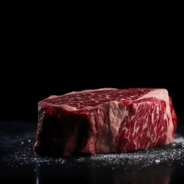 Foto un trozo de carne se sienta sobre una mesa con un fondo negro.