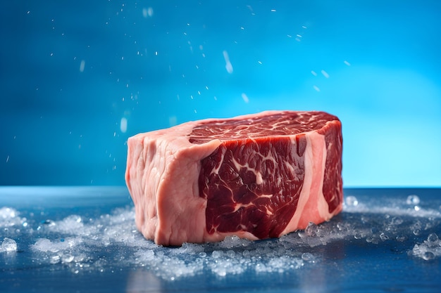 Un trozo de carne sobre un fondo azul con hielo.