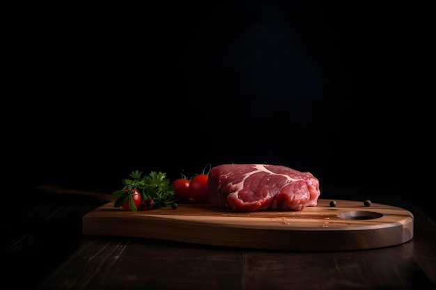 Un trozo de carne en una tabla de cortar de madera con un fondo negro.