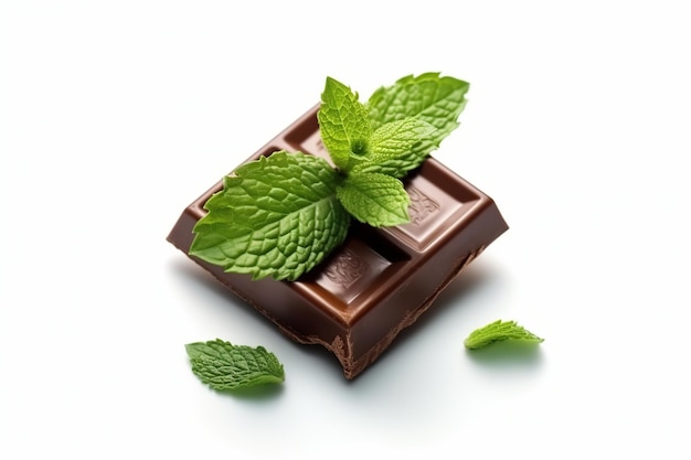 Trozo de chocolate con hojas de menta IA generativa