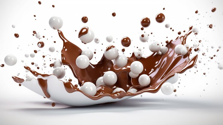 Trozo de chocolate con leche cayendo sobre un fondo blanco IA generativa