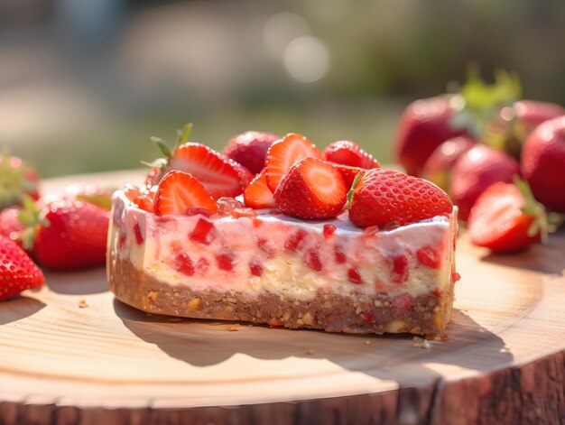 Un trozo de delicioso pastel de queso con fresas sobre fondo de madera Low Key Food Photo Generative Ai