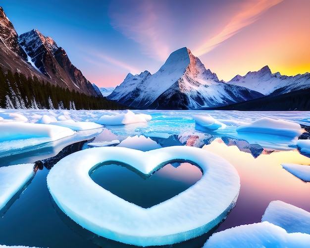 un trozo de hielo en forma de corazón con montañas al fondo