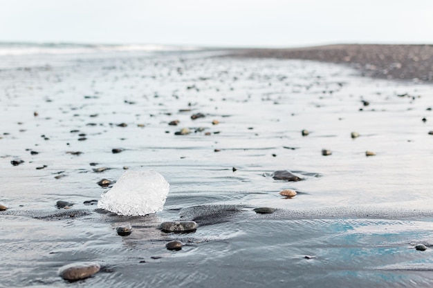 Foto un trozo de hielo en una playa con la palabra océano en él