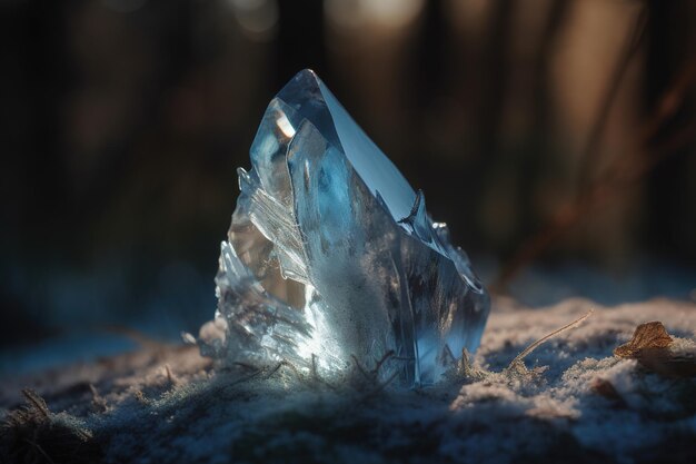 Un trozo de hielo se sienta en el suelo en el bosque.