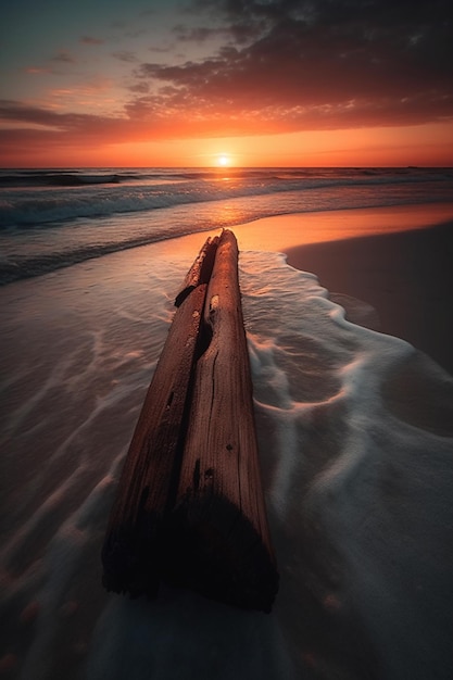 Un trozo de madera a la deriva se encuentra en la playa al atardecer.