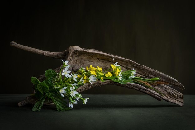 Un trozo de madera flotante con flores.