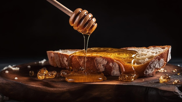 Un trozo de pan con miel goteando de un cucharón de miel