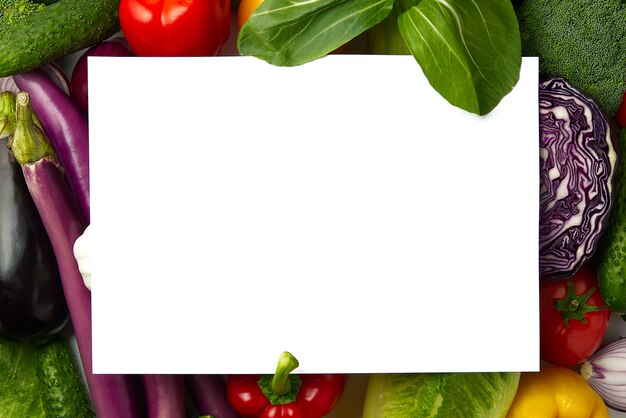 Un trozo de papel en blanco yace sobre un diseño de verduras con diferentes tipos de verduras.