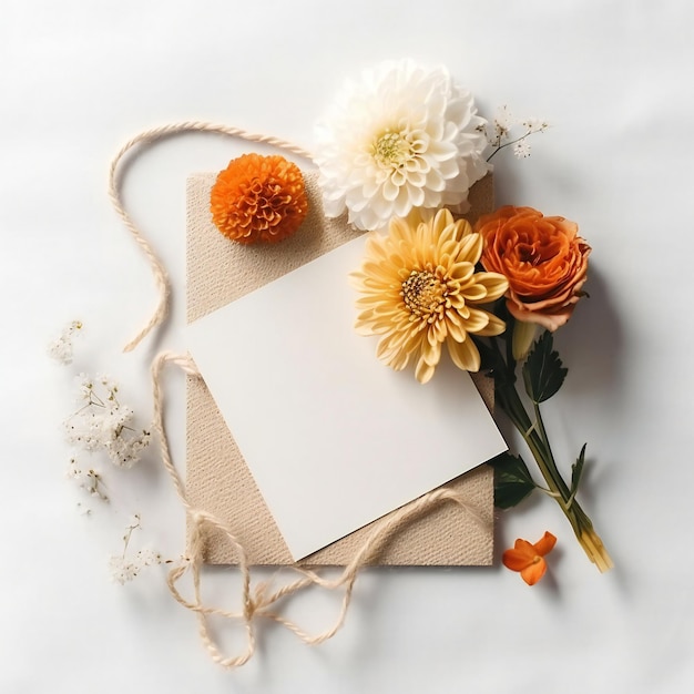 Un trozo de papel con flores y una tarjeta encima.