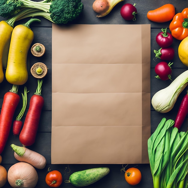 Un trozo de papel marrón está sobre una mesa con verduras y un trozo de papel.