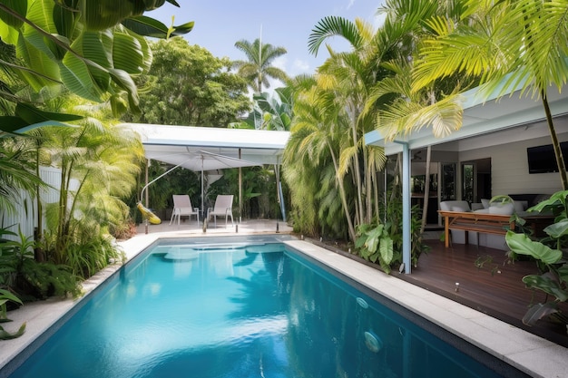 Un trozo de paraíso con piscina privada y exuberantes jardines tropicales creados con IA generativa