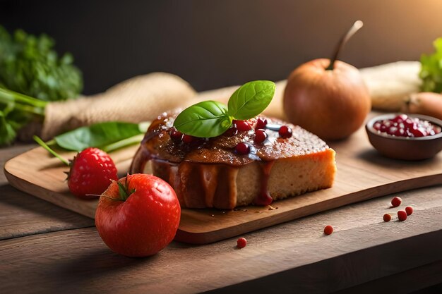 Un trozo de pastel de calabaza con una fresa al lado