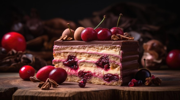 Un trozo de pastel con cerezas encima