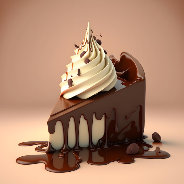 Un trozo de pastel de chocolate en 3D