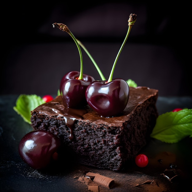 Un trozo de pastel de chocolate con cerezas encima.