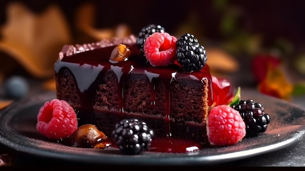 Un trozo de pastel de chocolate decadente con bayas frescas y ganache IA generativa