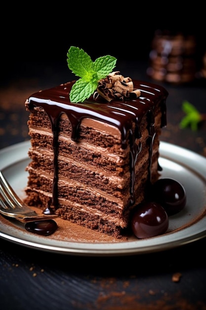 un trozo de pastel de chocolate con glaseado de chocolate y chocolate en un plato.