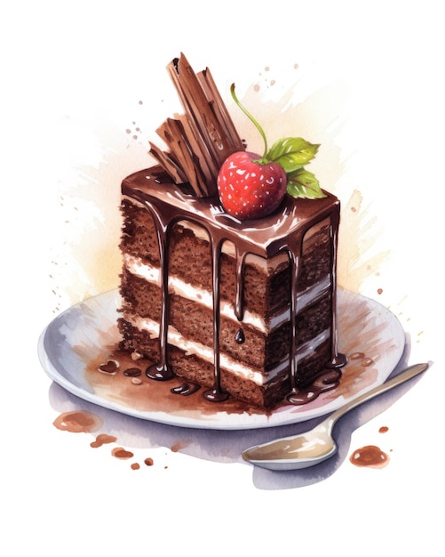 Un trozo de pastel de chocolate con glaseado de chocolate y fresas encima.