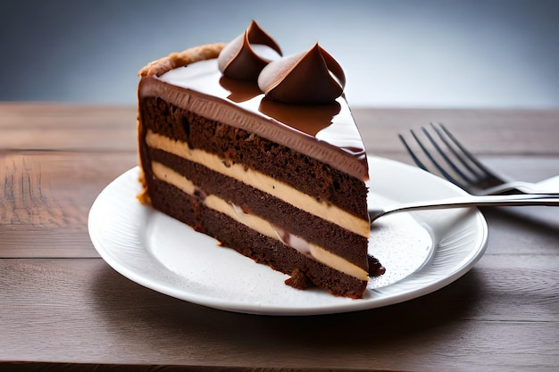 Un trozo de pastel de chocolate con glaseado de mantequilla de maní encima.