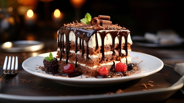 Trozo de pastel de chocolate en un plato blanco