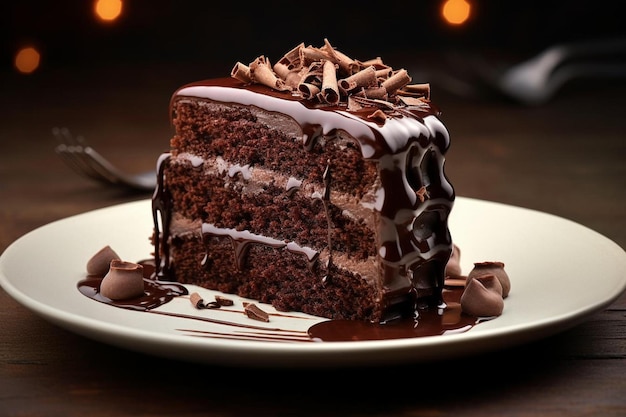 un trozo de pastel de chocolate en un plato blanco