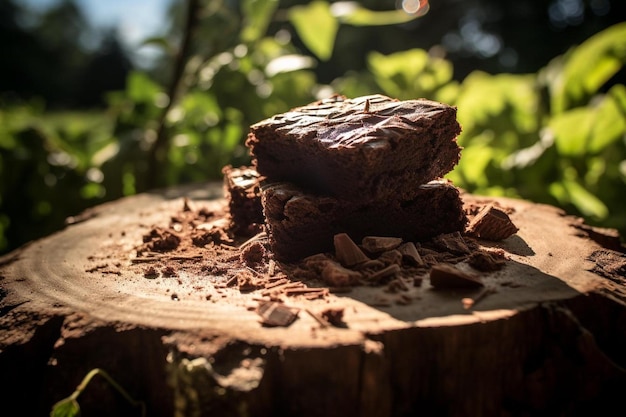 Foto un trozo de pastel de chocolate sobre un tronco con un árbol al fondo.