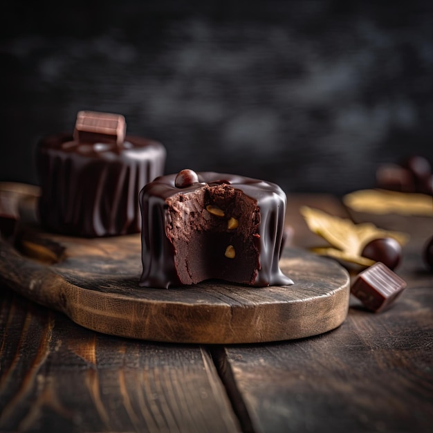 Un trozo de pastel de chocolate con un trozo de chocolate sobre una tabla de madera.