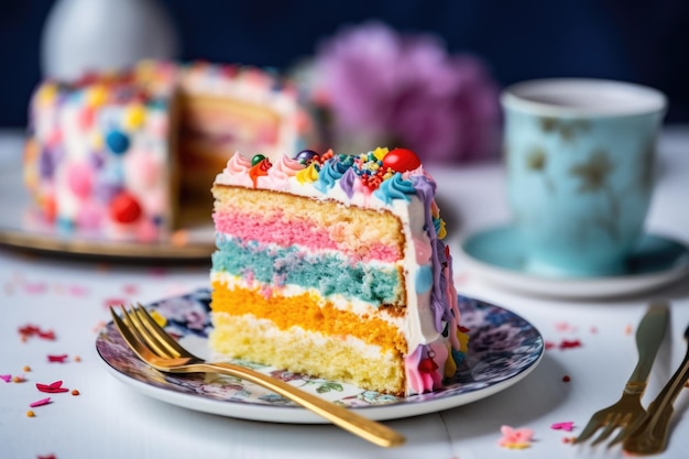 Un trozo de pastel de cumpleaños colorido en un plato