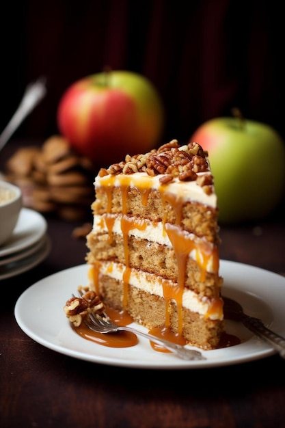 un trozo de pastel se encuentra en un plato junto a un plato de manzanas.