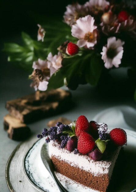 Un trozo de pastel con fresas encima.