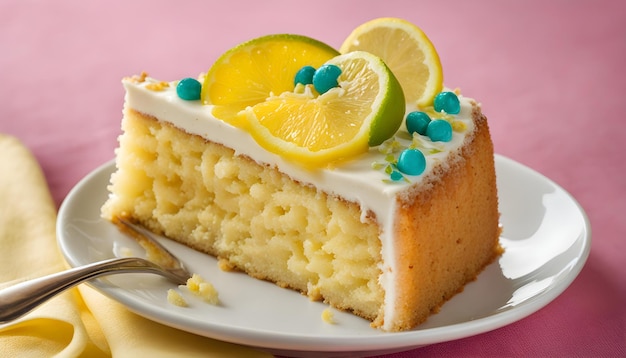 un trozo de pastel con una rebanada de limón en la parte superior