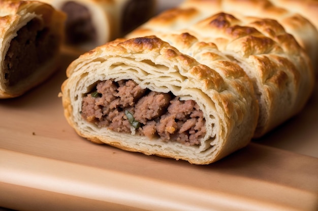 Un trozo de pastel relleno de carne al que se le ha quitado un bocado.