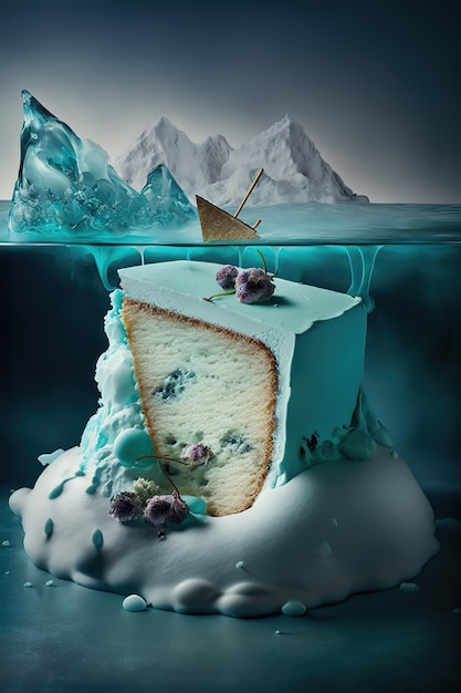 Un trozo de pastel se sumerge en un iceberg.