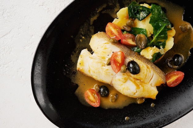 Un trozo de pescado frito en un plato negro